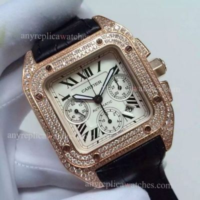 Swiss Grade 1 Cartier Santos Diamond Replica Watch Rose Gold Chronograph